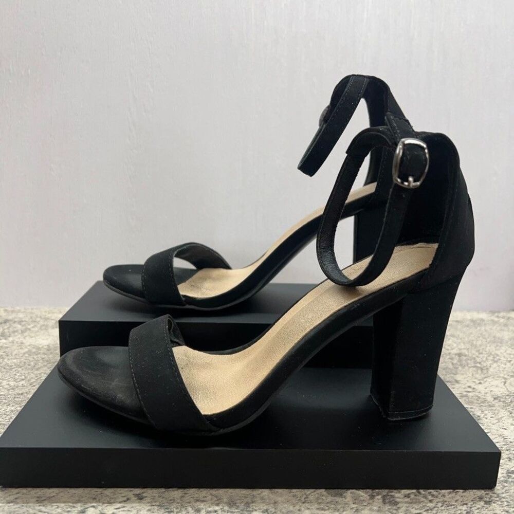 Forever Block Heels Open Toe Black Suede Ankle Strap Buckle Sandal Girls Size 5